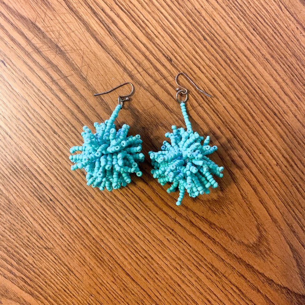 Teal Blue Pom Pom Beaded Earrings